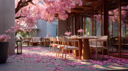 Experience the beauty of spring in a serene outdoor dining space, adorned with vibrant cherry blossoms and scattered petals, creating a tranquil atmosphere.の素材
