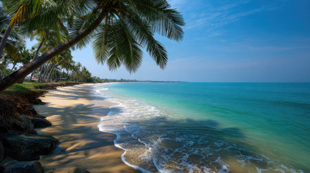 Experience a tranquil tropical beach scene featuring soft waves lapping against golden sand, lush palm trees, and a brilliant blue sky, perfect for relaxation.の素材