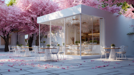 A beautiful modern cafe features expansive glass walls, surrounded by stunning cherry blossom trees in full bloom. An inviting outdoor seating area enhances the tranquil atmosphere.の素材