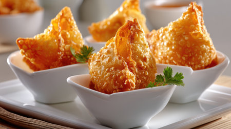 Delight in these crispy golden fried dumplings served in elegant white bowls, perfect for appetizers or snacks. Ideal for gatherings or special occasions.の素材