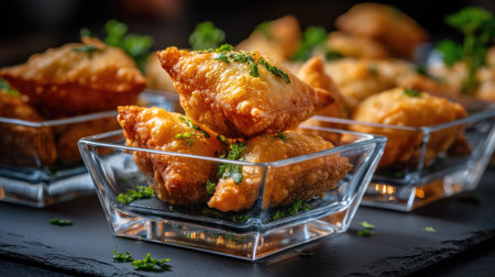 Indulge in a plate of crispy golden samosas garnished with fresh herbs. These savory delights are perfect for parties, snacks, or special occasions.の素材