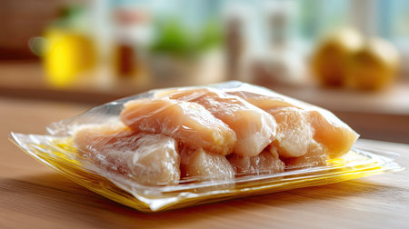 A pack of fresh chicken fillets, vacuum sealed for preservation, placed on a kitchen counter, showcasing the nutritious and versatile ingredient ready for meal preparation.の素材