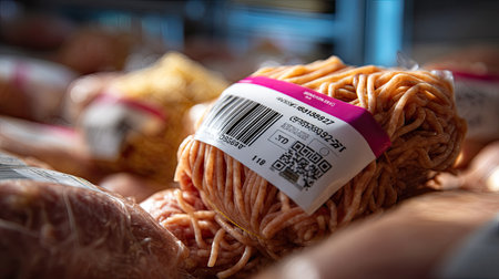 An eye-catching display of packaged raw ground meat in a grocery store, showcasing various labels and barcodes. Ideal for food-related content.の素材
