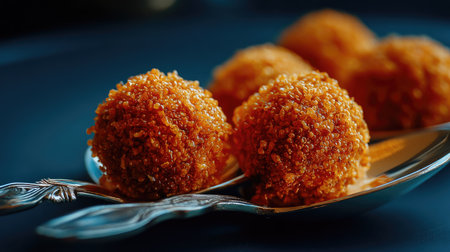Delight in this crispy sweet spherical dessert resting on a silver spoon, showcasing rich textures and vibrant colors against a stunning blue background.の素材