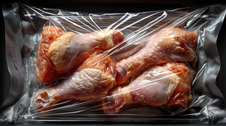 A visually appealing pack of fresh raw chicken drumsticks is vacuum sealed, showcasing the quality and freshness suitable for various culinary preparations.の素材