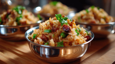 This vibrant rice dish features a blend of aromatic herbs and fresh vegetables, beautifully presented in elegant silver bowls. Perfect for any mealtime.の素材