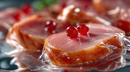 This image showcases freshly packaged meat garnished with decorative elements, ideal for gourmet presentations and culinary displays. Perfect for food enthusiasts.の素材