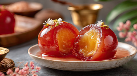 A visually appealing scene featuring beautifully glazed candied fruits adorned with delicate blossoms. The warm, inviting kitchen background adds to the charm.の素材