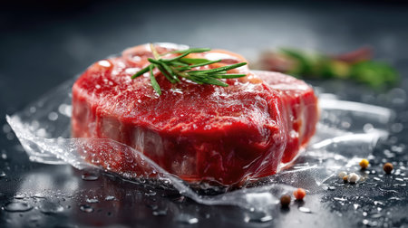 A fresh raw beef steak wrapped in plastic with a sprig of rosemary is depicted on a dark surface, creating a visually appealing culinary theme.の素材