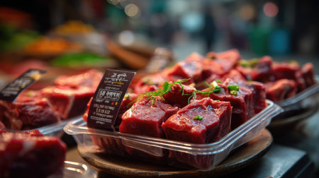 A vibrant market stall showcasing fresh raw meat cut pieces garnished with green herbs and spices, representing culinary traditions and local ingredients.の素材