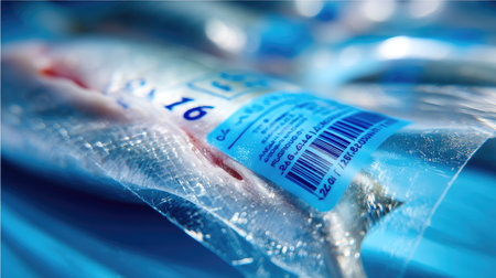 A close-up view of freshly packaged fish fillets featuring a blue background, detailed labels, and barcode. Ideal for seafood marketing and culinary presentations.の素材