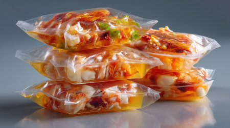 A stack of vibrant vacuum-sealed food packs showcases a variety of fresh ingredients and sauces, perfect for meal preparation or gourmet dining options.の素材