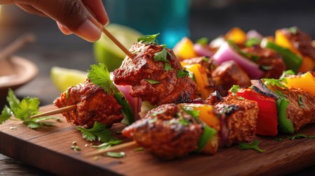 A mouth-watering display of grilled skewers featuring marinated chicken and assorted colorful vegetables, perfect for summer gatherings or outdoor meals.の素材