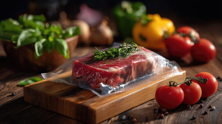 A close-up view of fresh raw meat packed with herbs, placed on a wooden board, with vibrant vegetables and tomatoes surrounding it, evoking culinary inspiration.の素材