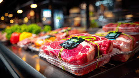 A vibrant display of freshly packaged meat cuts showcases quality and variety in a modern grocery store, with colorful vegetables enhancing the atmosphere.の素材