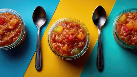 A visually appealing arrangement of colorful fruit confiture in glass jars, set against a vibrant background, perfect for cooking and kitchen themes.の素材