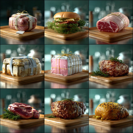 This image showcases an elegant arrangement of gourmet meats and delicacies, beautifully wrapped and presented on rustic wooden boards, perfect for culinary photography.の素材