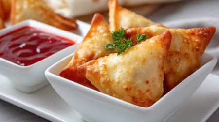 A mouthwatering close-up of golden fried pastries served in a white bowl, paired with a tangy sweet sauce, highlighting delectable textures and flavors.の素材