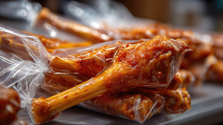 Close-up of savory barbecue chicken legs wrapped tightly in plastic for freshness, presenting an appetizing sight for food enthusiasts in a gourmet kitchen.の素材