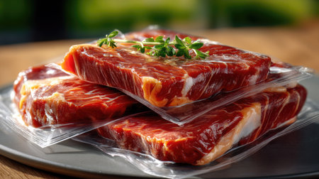 A vibrant display of fresh cuts of red meat neatly packed in vacuum sealed packaging. Each piece is garnished with thyme, showcasing quality and freshness, ideal for culinary presentations or recipes.の素材