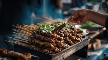 A hand reaches for a grilled skewer topped with fresh green garnish at an outdoor market stall. The vibrant display showcases the tantalizing aroma and flavors of freshly prepared street food, capturing the essence of culinary delight in a lively setting.の素材