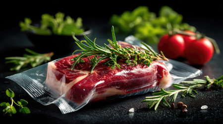 This stock photo showcases a fresh cut of meat beautifully packaged with sprigs of rosemary and parsley, accompanied by vibrant tomatoes, ideal for culinary projects.の素材