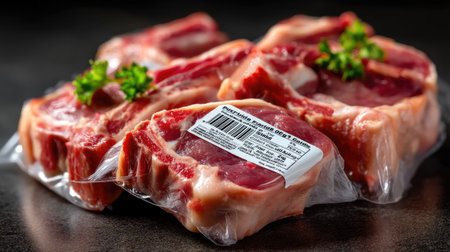 A close-up view of fresh packaged meat cuts featuring green garnish against a dark backdrop, highlighting quality and freshness for cooking enthusiasts.の素材