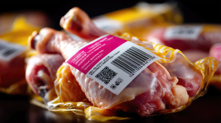 This image features packaged raw chicken drumsticks with clear labeling and barcodes, set against a dark background, ideal for culinary use or grocery marketing.の素材