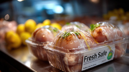A visually appealing display of fresh raw chicken packaged with herbs and seasoning in a market. The vibrant colors and clear container highlight the quality.の素材