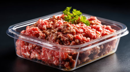 A clear plastic container holds fresh raw ground beef, garnished with a sprig of parsley, highlighting the quality and versatility of this essential cooking ingredient.の素材