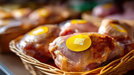 Fresh chicken drumsticks are presented in a woven basket, each wrapped attractively with a quality assurance tag, showcasing freshness and appeal.の素材