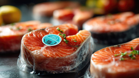 This vibrant image features fresh salmon fillets wrapped in plastic, each adorned with a blue label, set against a dark background. Ideal for highlighting healthy eating and gourmet cooking.の素材
