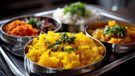 A vibrant display of Indian cuisine featuring saffron rice, spicy vegetables, and fresh herbs on a traditional steel platter, showcasing rich flavors and textures.の素材