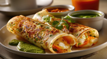 Enjoy a mouthwatering plate of Indian dosa filled with fresh vegetables, served with vibrant green chutney and flavorful sambar, perfect for breakfast or snack.の素材