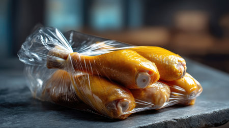 This image showcases freshly packaged chicken drumsticks sealed in plastic wrap, sitting elegantly on a stone surface, perfect for culinary use or meal prep.の素材