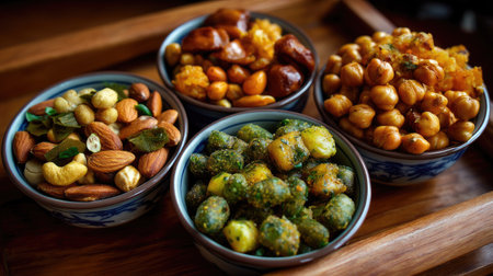A visually appealing assortment of mixed snacks served in decorative bowls on a wooden tray, perfect for any gathering or healthy snack moments.の素材