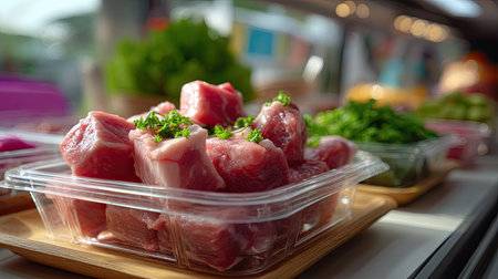Fresh cubes of raw meat garnished with vibrant green herbs, displayed in a market setting, perfect for culinary preparations and cooking inspiration.の素材