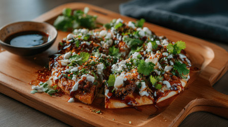 Enjoy a gourmet pizza with an array of rich toppings and fresh ingredients, beautifully presented on a wooden platter. Perfect for any dining occasion.の素材