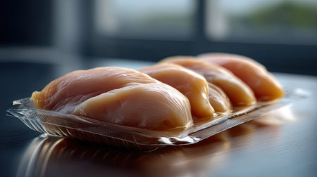 Fresh raw chicken breasts neatly arranged in clear plastic packaging, highlighting quality meat for home cooking and meal preparation in a kitchen setting.の素材