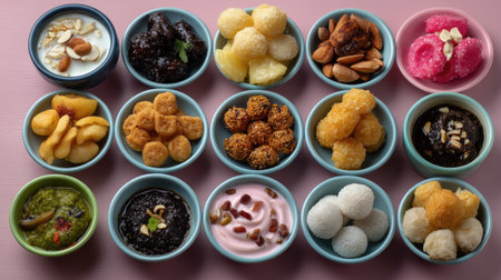 A vibrant display of traditional Indian sweets and desserts served in colorful bowls, perfect for festive occasions and culinary celebrations.の素材