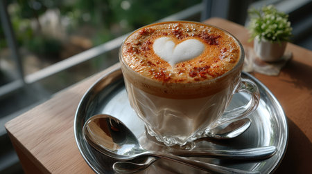 A beautiful cappuccino topped with intricate heart-shaped latte art is presented in a transparent glass cup, resting on a silver tray. Perfect for cozy cafe vibes.の素材
