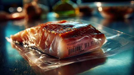 A vibrant image of a fresh raw fish fillet sealed in a vacuum package, highlighting its quality and readiness for culinary use in a modern kitchen setting.の素材