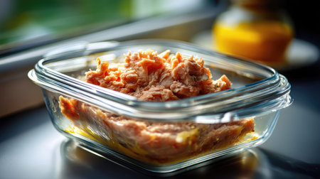 This image shows freshly cooked tender meat placed in a glass container, illuminated by natural light from a window, enhancing the appetizing presentation.の素材