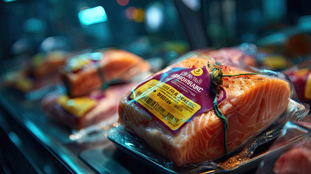 A close-up view of fresh salmon fillet neatly packaged in transparent plastic, showcasing its vibrant color and appealing label, ideal for culinary use.の素材