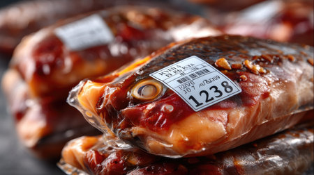 A detailed close-up of freshly packaged fish in a vacuum seal. The fish features a price tag, showcasing quality seafood ready for market or grocery sale.の素材