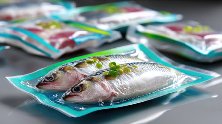 This image showcases fresh fish packaged in vacuum-sealed bags, garnished with green onions, ideal for food presentation and culinary use.の素材