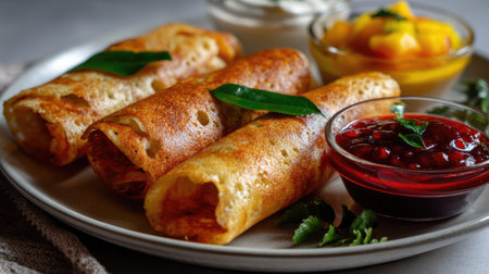 This image showcases deliciously crisp spring rolls perfectly arranged on a light gray plate, accompanied by a flavorful dipping sauce and refreshing fruits.の素材