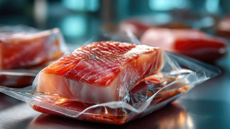 This image showcases freshly packaged salmon fillets, vacuum sealed for optimal freshness and convenience in meal preparation and culinary applications.の素材