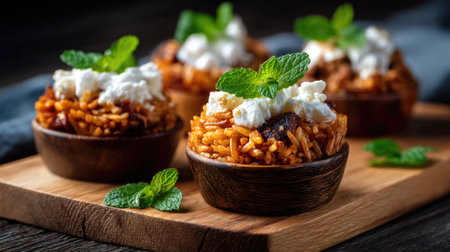 Indulge in these beautifully presented rice cups topped with creamy goodness and fresh mint, ideal for appetizers or a flavorful side dish.の素材