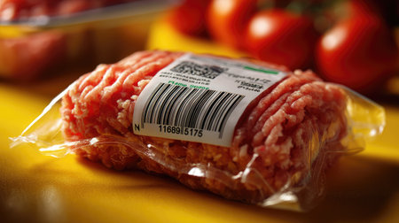 This image showcases a fresh package of ground meat with a barcode on a bright yellow surface, artistically arranged with tomatoes and other food ingredients.の素材